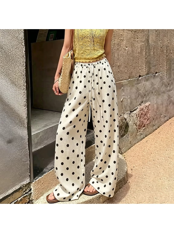 Flowy Pants for Women Polka Dot Print Drawstring High Waist Wide Leg Pants Loose Summer Casual Linen Palazzo Trousers