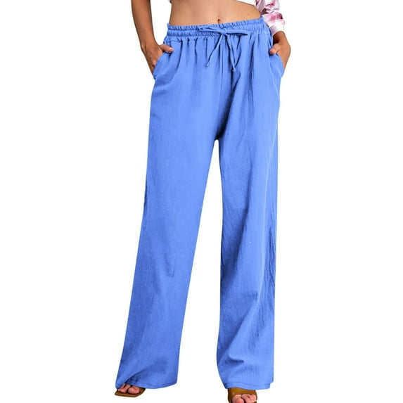 Husipze Flowy Pants for Women Summer Cotton Linen Drawstring Casual Yoga Pants High Waisted Palazzo Pants with Pockets Dark Blue L