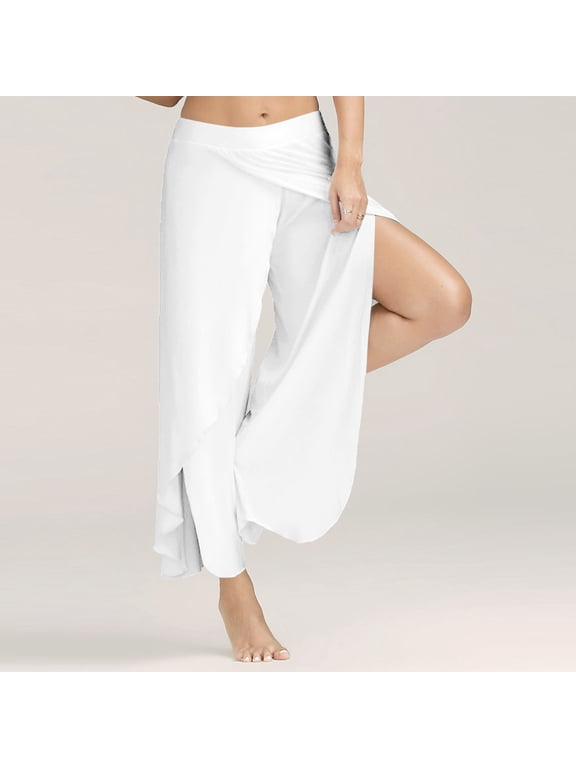 Flowy Pants for Women Wide Leg High Waisted Chiffon Boho Beach Cropped Pants for Casual Dance Summer White XL