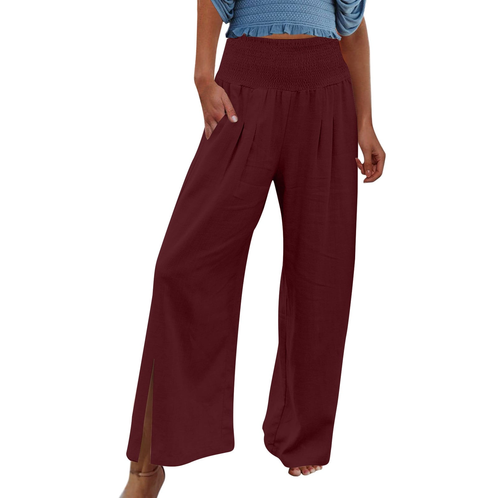 Flowy Pants for Women, Women Linen Pants Elastic High Waist Wide Leg