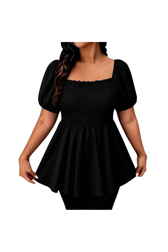 Flowy Plus Size Square Neck T-Shirt for Women Peplum Blouse Tees Puff Sleeve Smocked Waist Casual Summer Cute Tops Black XXXL