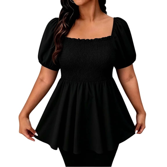 Flowy Plus Size Square Neck T-Shirt for Women Peplum Blouse Tees Puff Sleeve Smocked Waist Casual Summer Cute Tops Black XXXXXL