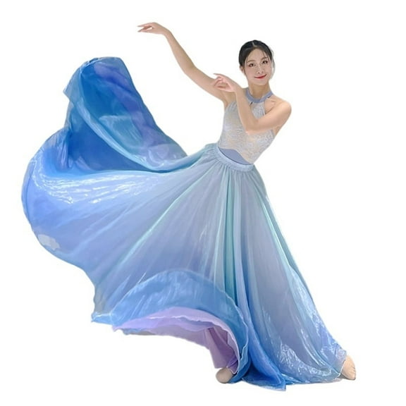 Flowy Satin Dance Skirts Women Ballet Skirts Chiffon Ballet Dress Tulle Skirt Dance Costumes Dress 360 Degree Belly Dance Practice Dress