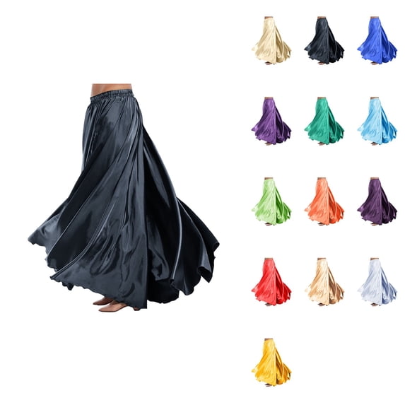 Flowy Satin Full Circle Swing Skirt, Elastic Waistband for Stage Show Practice, Casual Wear, Halloween Belly Dance Tribal Performance