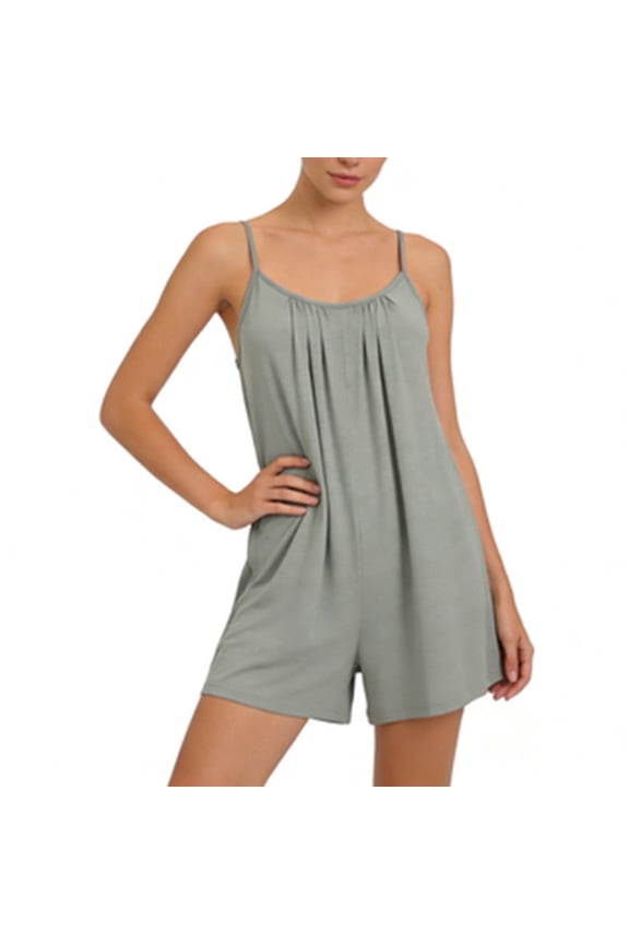 Flowy Short Overalls for Women Womens Spaghetti Strap Romper Ruched Neck Loose Fitting Short Jumpsuits, Soft Breathable Tunic Rompers, For Loungewear Casual Daily Wear Gray L