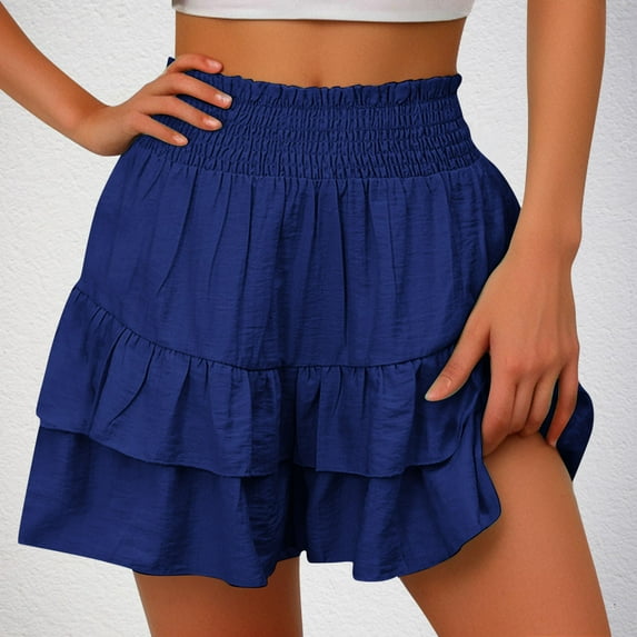 Flowy Shorts Ruffled High Banded Waisted for Women Athletic Tennis Shorts Wide Leg Tiered Pleated Summer Shorts Casual Comfy Loose Shorts, Blue (Small)