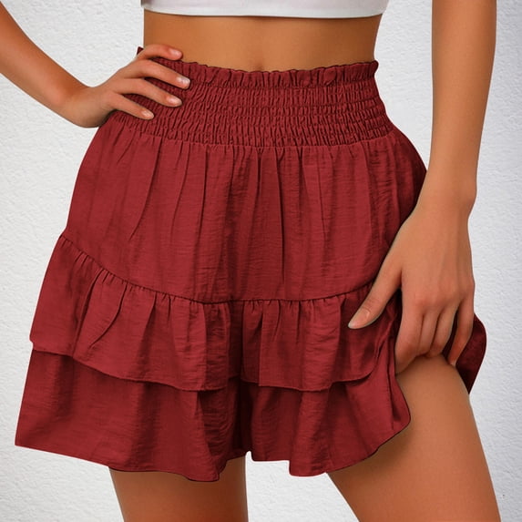 Flowy Shorts Ruffled High Banded Waisted for Women Athletic Tennis Shorts Wide Leg Tiered Pleated Summer Shorts Casual Comfy Loose Shorts, Wine (X-Large)