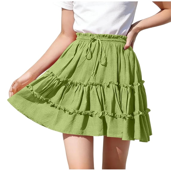 Flowy Shorts for Girl Lace Ruffle Tiered Mini Skirt Casual Boho High Waisted Skirt Green