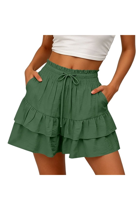 Flowy Shorts for Women Boho Ruffle Tiered High Waisted Shorts Casual Travel Vacation Drawstring Waist Summer Shorts with Pockets, Green, xxl