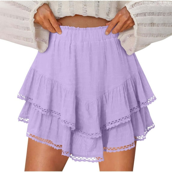 Flowy Shorts for Women, Casual Boho Ruffle Tiered Skorts, High Waist Mini Skirts Golf Tennis Lace Shorts Skirts Purple L