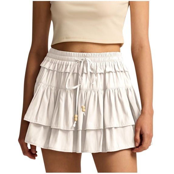 Flowy Shorts for Women Casual Drawstring Ruffle Tiered Skorts High Waist Mini Skirts Shorts