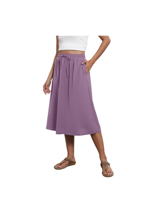 Flowy Skirt Midi Length Elastic High Waist A-Line Skirt with Pockets, Summer Solid Color Drawstring Side Pocket Casual Loose Skirt, Limited Time Off