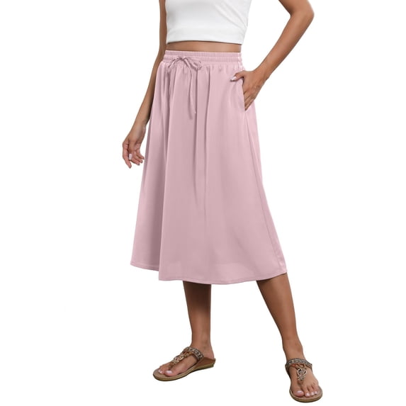 Flowy Skirt Midi Length Elastic High Waist A-Line Skirt with Pockets, Summer Solid Color Drawstring Side Pocket Casual Loose Skirt, Limited Time Off