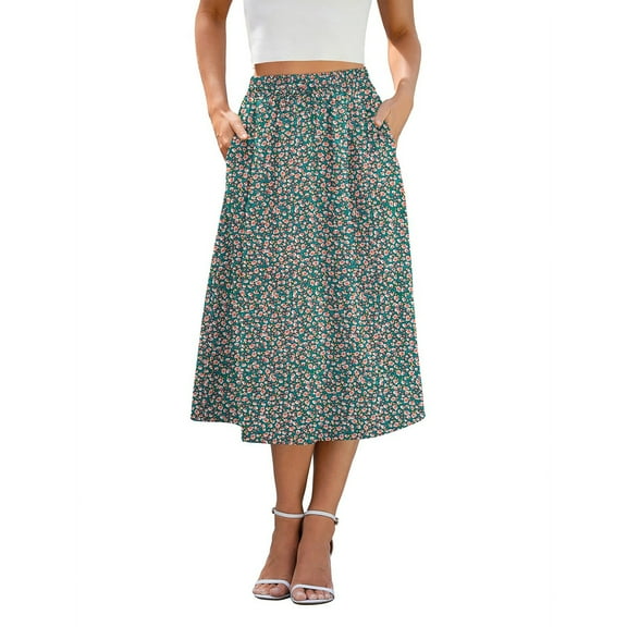 Flowy Skirt Midi Length Elastic High Waist A-Line Skirt with Pockets for Women, Printed Design for Beach and Casual Wear,Mint Green,Size 2XL