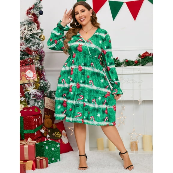 Flowy Skirt Tunic Dress with Long Sleeves for Plus Size Women - Halloween Bat Theme, Christmas Tree, 2XL