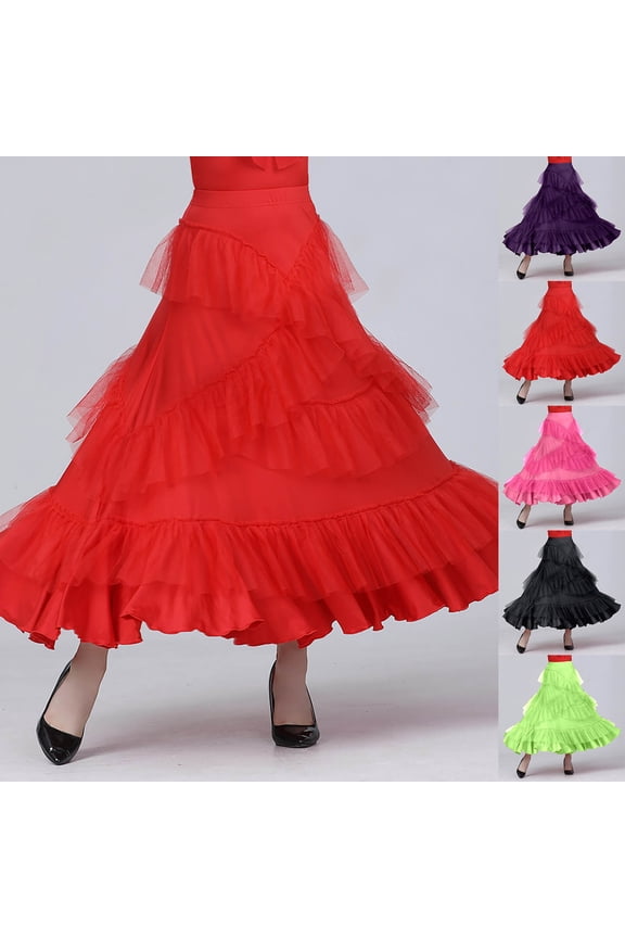 Flowy Skirt for Women Carnival Modern Dance Ballroom Practice Wear Mesh Layer Performance Latin Tango Chacha Social Dancing Womens Skirts Black L
