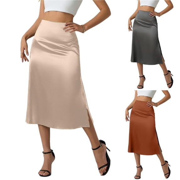 Flowy Skirt for Women Casual Women Satin High-Waisted Side Slit Solid-Color Drapey Midi Skirt Brown L