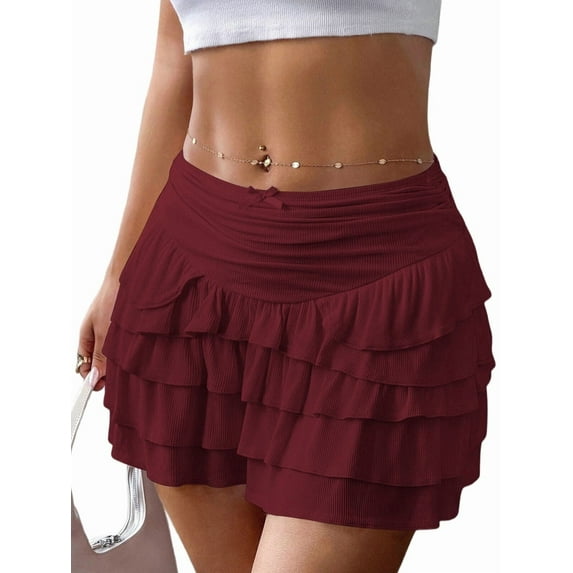 Flowy Skirts for Women Ruffle Bow-Knot Skorts Mini Skirts High Waisted Teen Gilrs Tennis Skort Summer Skirts Wine Red M
