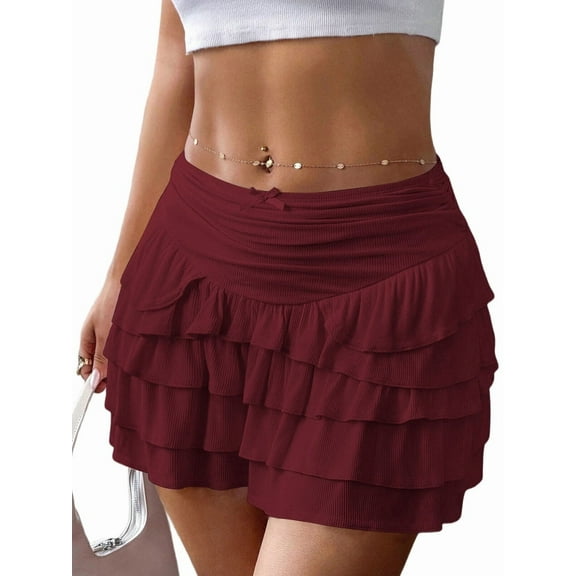 Flowy Skirts for Women Ruffle Bow-Knot Skorts Mini Skirts High Waisted Teen Gilrs Tennis Skort Summer Skirts Wine Red XL