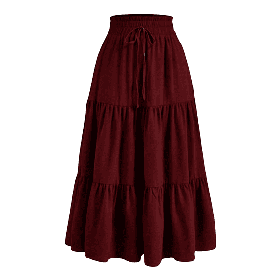 Flowy Skirts for Women Summer Solid A-Line Ruffle Swing Long Skirt Fashion Casual Vacation Solid Color Skirts Elastic High Waist Boho Maxi Skirt