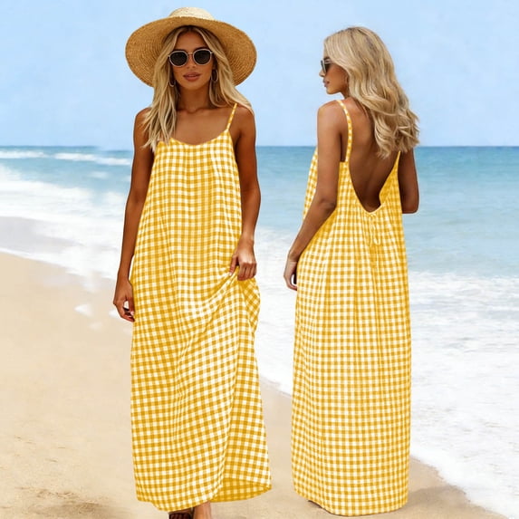 Flowy Sleeveless Spaghetti Strap Sundress for Women, Backless Long Summer Dress