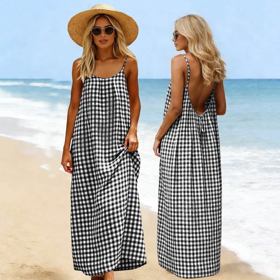 Flowy Sleeveless Spaghetti Strap Sundress for Women, Backless Long Summer Dress