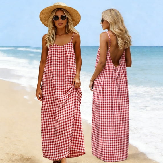 Flowy Sleeveless Spaghetti Strap Sundress for Women, Backless Long Summer Dress