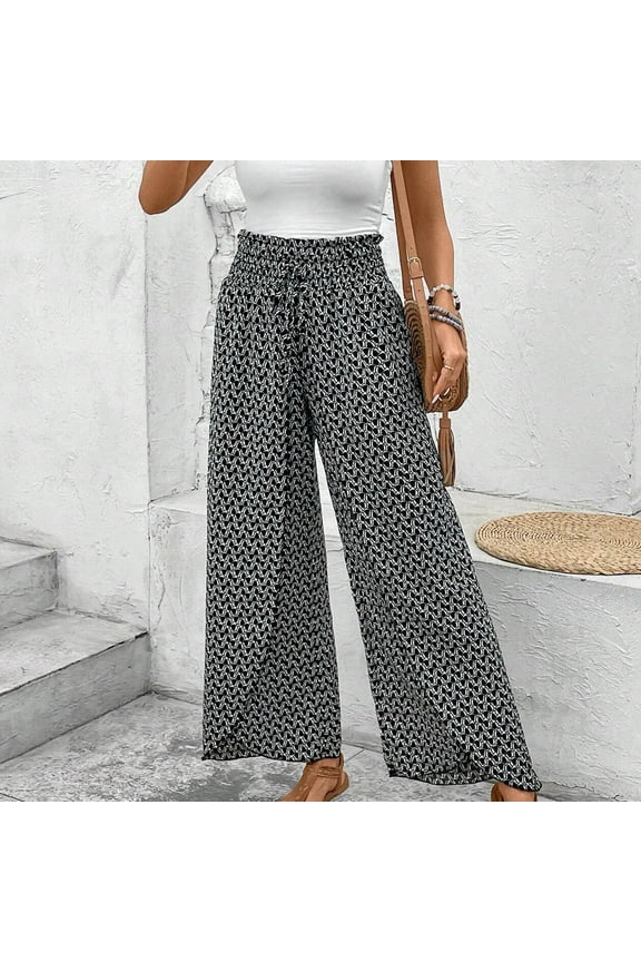Flowy Split Pants for Women Tulip Pants High Rise Elastic Waisted Wide Leg Summer Swing Palazzo Pants with Slit Casual Loose Comfy Cooling Trousers, Black (Large)