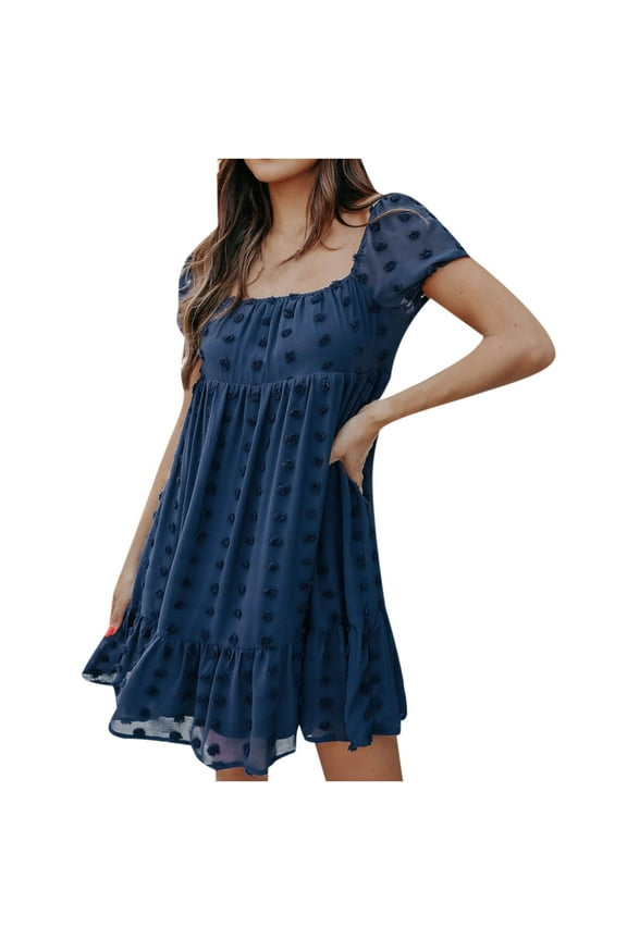 Flowy Summer Dress Women Polka Dot Chiffon Babydoll Mini Beach Dress Casual Square Neck Short Sleeve Ruffle Sundress