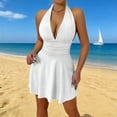 thumbnail image 1 of Flowy Summer Dress Women's Backless V Neck Mini Dress Ruched Tie Back Short Dresses A-Line Flowy Summer Beach Vacation Dress White L, 1 of 5