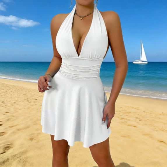 Flowy Summer Dress Women's Backless V Neck Mini Dress Ruched Tie Back Short Dresses A-Line Flowy Summer Beach Vacation Dress White L