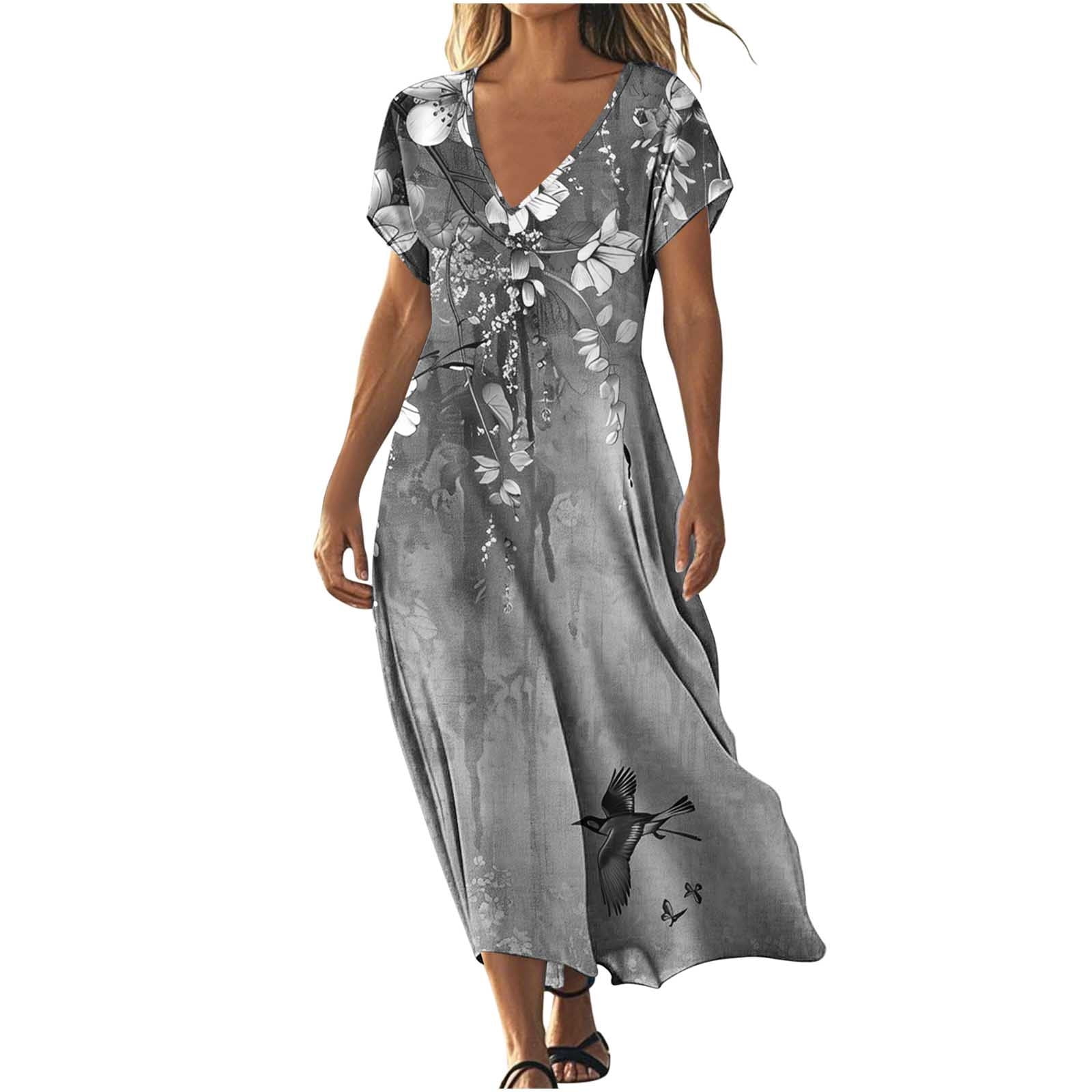 Flowy Summer Dresses for Women Trendy V Neck Short Sleeve Midi Maxi — free download