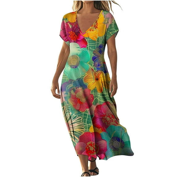 Flowy Summer Dresses for Women Trendy V Neck Short Sleeve Midi Maxi Dress Fashion Vintage Floral Graphic Sundresses Loose Casual A-Line Dress Below Knee Beach Vacation Dresses with Pockets