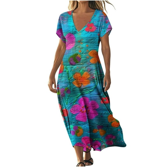 Flowy Summer Dresses for Women Trendy V Neck Short Sleeve Midi Maxi Dress Fashion Vintage Floral Graphic Sundresses Loose Casual A-Line Dress Below Knee Beach Vacation Dresses with Pockets