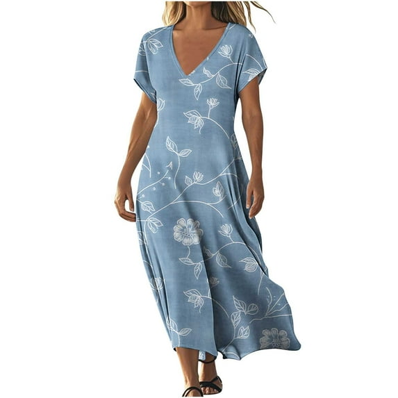 Flowy Summer Dresses for Women Trendy V Neck Short Sleeve Midi Maxi Dress Fashion Vintage Floral Graphic Sundresses Loose Casual A-Line Dress Below Knee Beach Vacation Dresses with Pockets