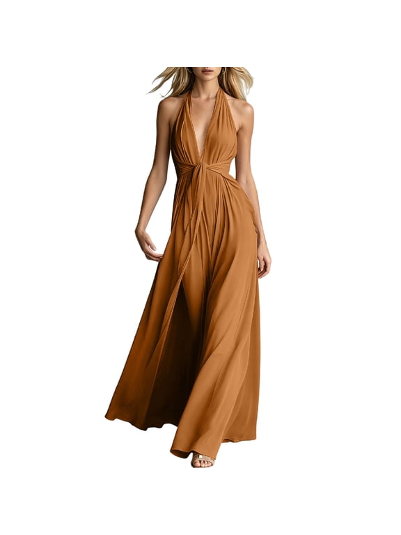 Flowy Sundress for Women Halter Neck Deep V Waist Knot Maxi Dress with Side Slit Vacation Beach Dresses for Women Bronze S