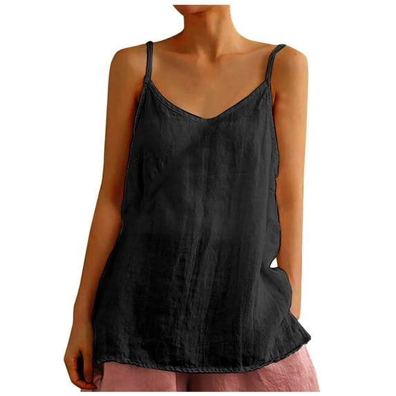 Flowy Tank Tops for Women Boho Womens Cotton Linen Tank Tops V Neck Casual Cami Spaghetti Strap Sleeveless Solid Color Plain Loose Basic Tank Shirt Black M
