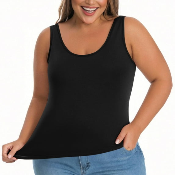Flowy Tank Tops for Women Casual Tank Tops with Built in Bra Women's Plus Size Undershirt Summer Solid Sleeveless Tunic Blouses Tees Shirts New Black XL