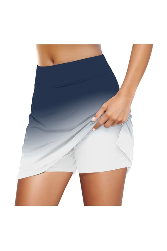 Flowy Tennis Skirts for Women Gradient Color Double Layer Mini Skort Slim Fit Stretchy Butterfly Skorts with Pockets,Dark Blue,M