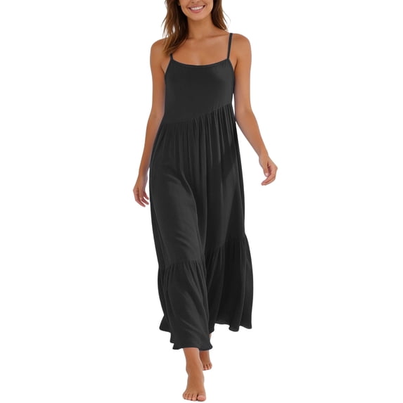 Flowy Tiered Beach Dress Women's Spaghetti Strap Ruffled Asymmetrical Hem Maxi Dress, Versatile and Comfortable for Spring and Summer