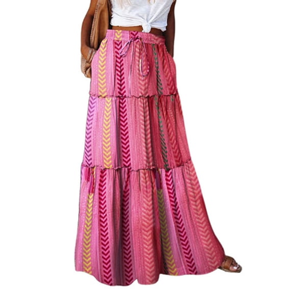 Flowy Tiered Maxi Skirts for Women 2026 Summer Vacation Boho Floral Skirt Elastic Drawstring A Line Skirt, M