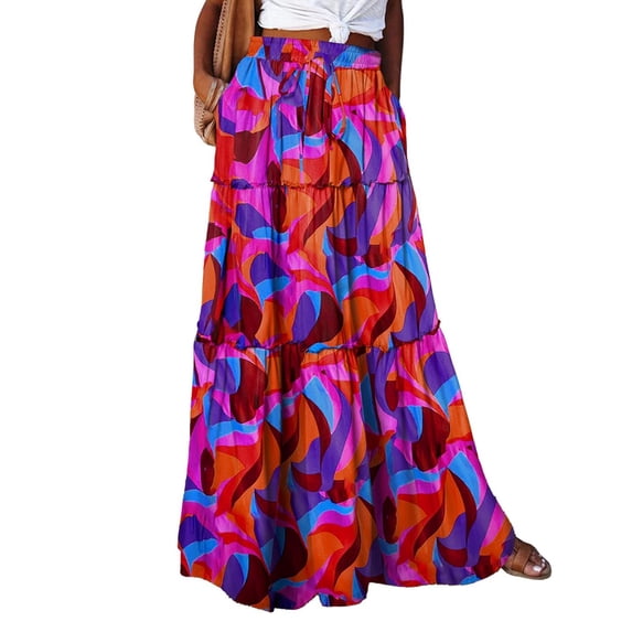 Flowy Tiered Maxi Skirts for Women 2026 Summer Vacation Boho Floral Skirt Elastic Drawstring A Line Skirt, S