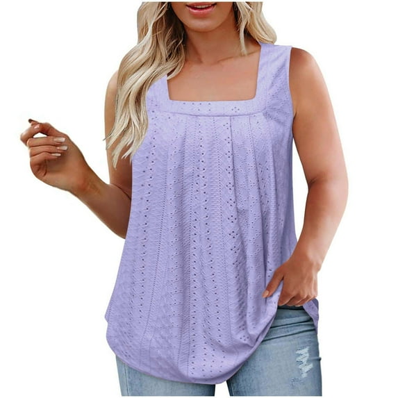 Flowy Tops For Women Plus Size Tank Tops Solid Color Casual Summer Sleeveless Eyelet Blouse Square Neck Loose Classic Shirts