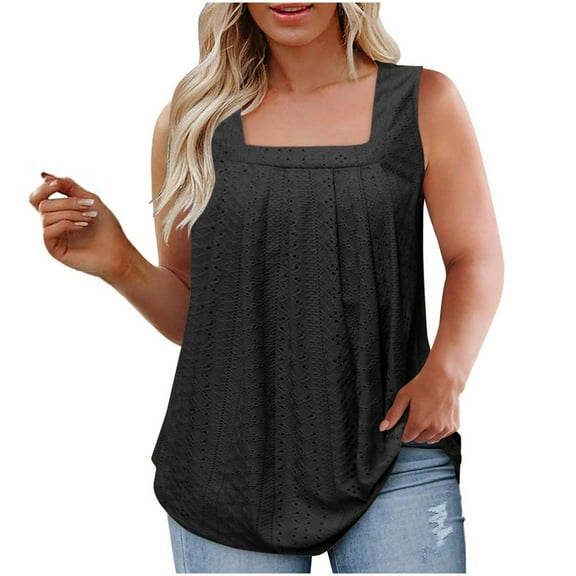 Flowy Tops For Women Plus Size Tank Tops Solid Color Casual Summer Sleeveless Eyelet Blouse Square Neck Loose Classic Shirts