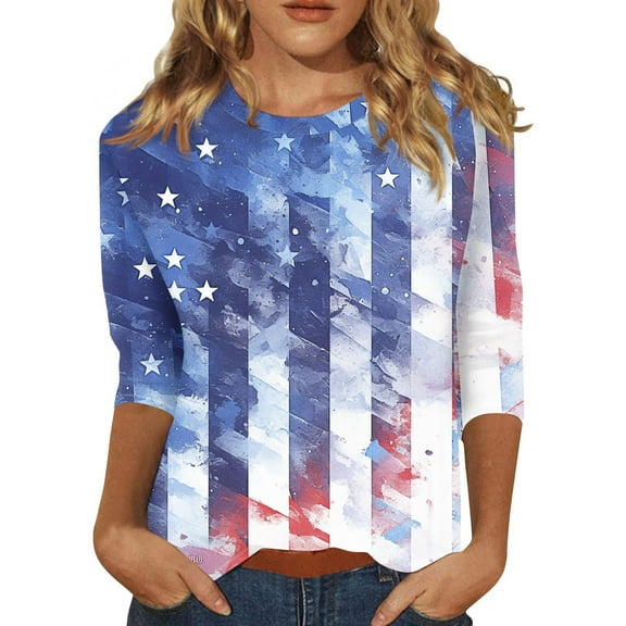 Flowy Tops For Women, 3/4 Sleeve Shirts Women 4Th Of July Print Graphic Tees Blouses Casual Plus Size Basic Tops Pullover Womens Summer Long Shirt Overstock Casual Outfits (L, Navy) ZMTing