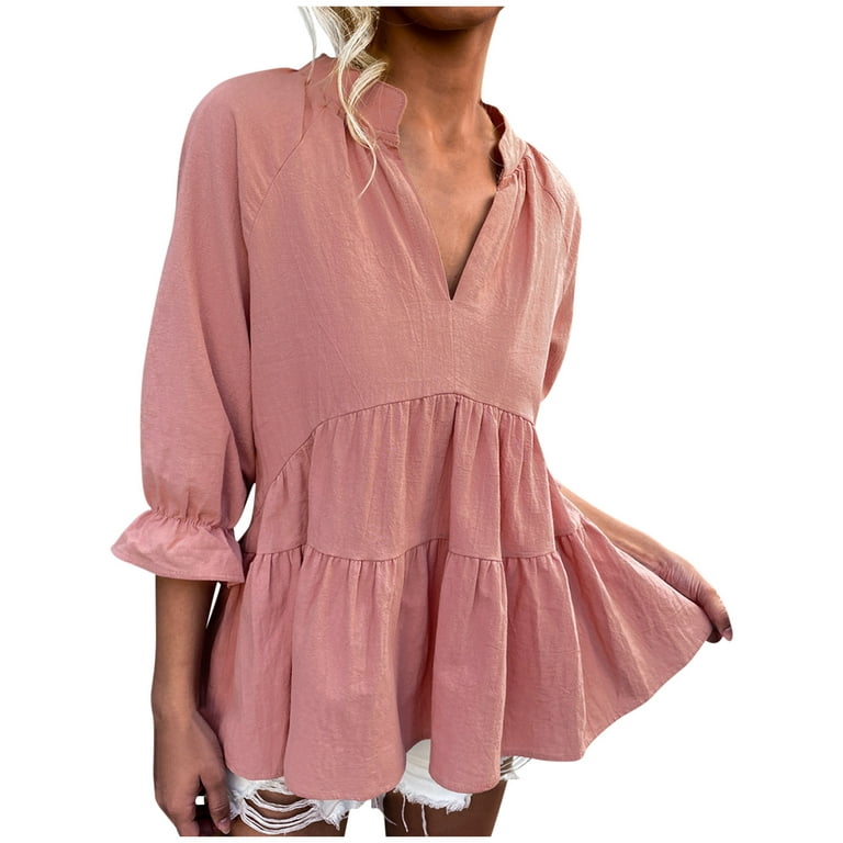 Flowy Tunic Tops to Wear with Leggings Peplum Babydoll Long Shirt 3/4  Sleeve Shirts Plus Size Tops for Women Dressy V-Neck Solid Empire Waist  Comfy Pink S 