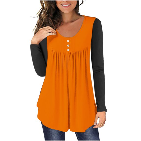 Flowy Tunic Tops Women Dressy Casual Henley Neck Long Sleeve Pleated Tee Shirts Fall Spring Winter Basic T-shirt (Medium, Orange 01)