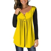 Flowy Tunic Tops Women Dressy Casual Henley Neck Long Sleeve Pleated Tee Shirts Fall Spring Winter Basic T-shirt (X-Large, Yellow 04)