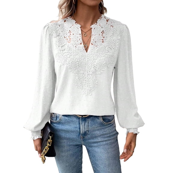 Flowy V-Neck Blouse, Women's Casual Blouses, Long Sleeve Crochet Lace Clothing