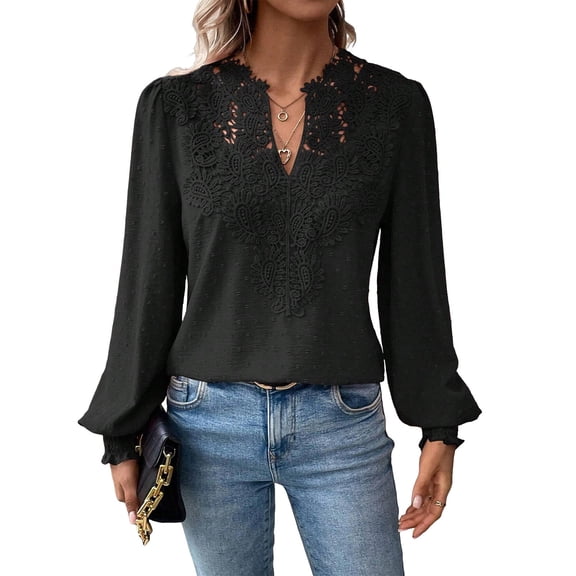 Flowy V-Neck Blouse, Women's Casual Blouses, Long Sleeve Crochet Lace Clothing